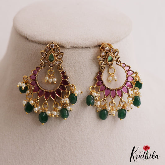 Pretty Floral Motifs Chandbali Earrings With Bead Drops E1092 (Available In 2 Colors)