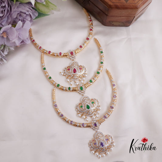 Simple AD/ Victorian Hasli Necklace with Peacock Pendant Drops NC2251 (Available in 3 Colours)