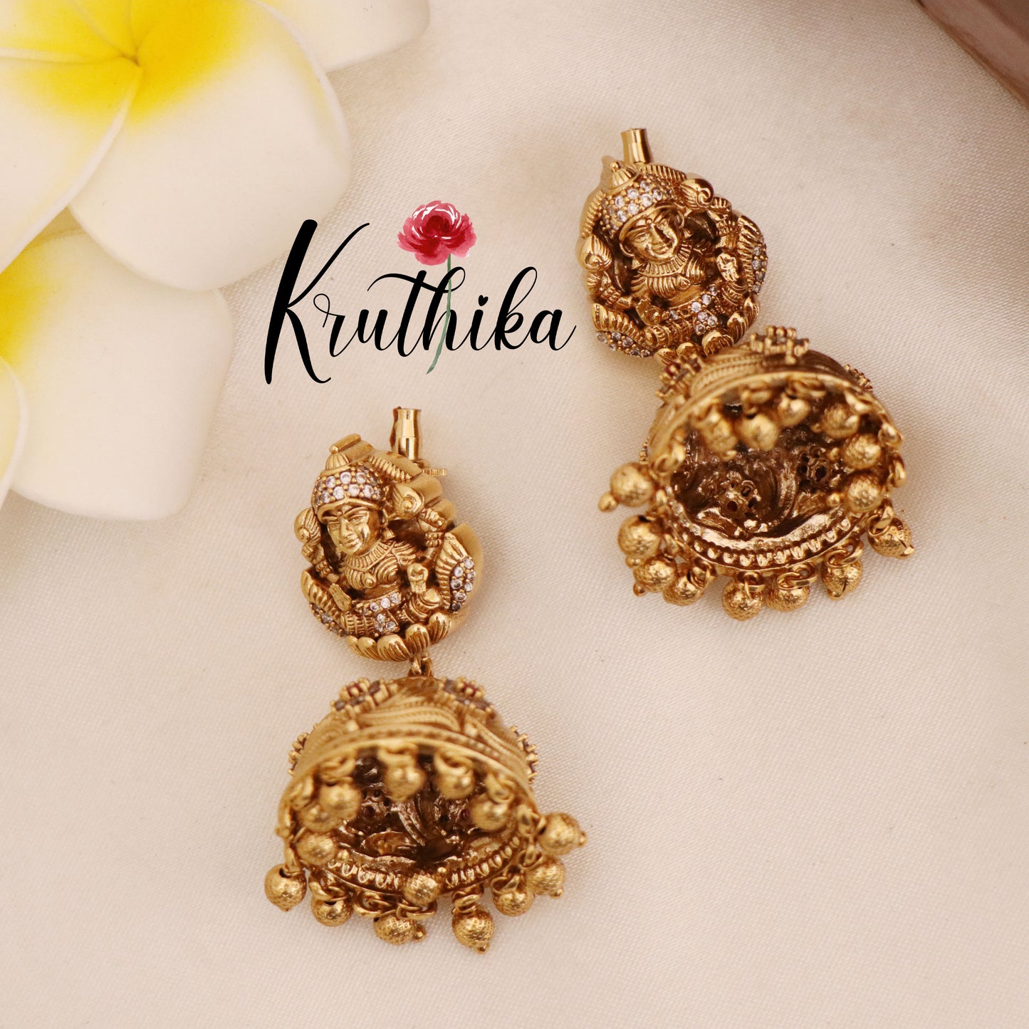 Premium Temple Jhumkas with golden bead drops E490