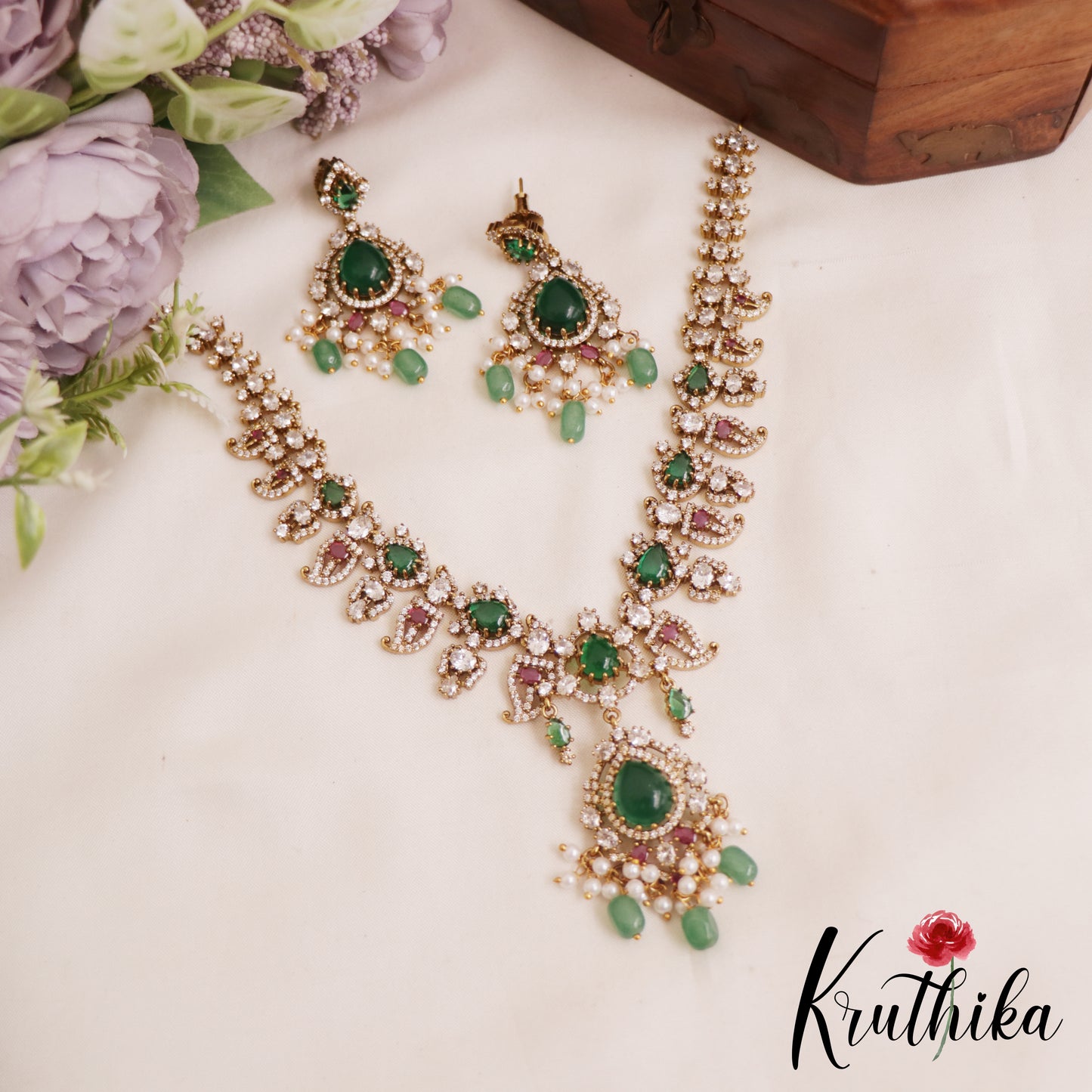 Sparkling Mango Motifs AD Victorian Necklace With Green Bead Drops NC2856 (Available In 2 Colors)