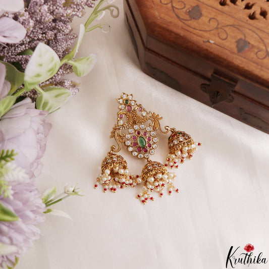 Classic Floral Peacock Motis Jhumka Jada Billa With Pearl Bead Drops J430 (Available In 2 Colors)