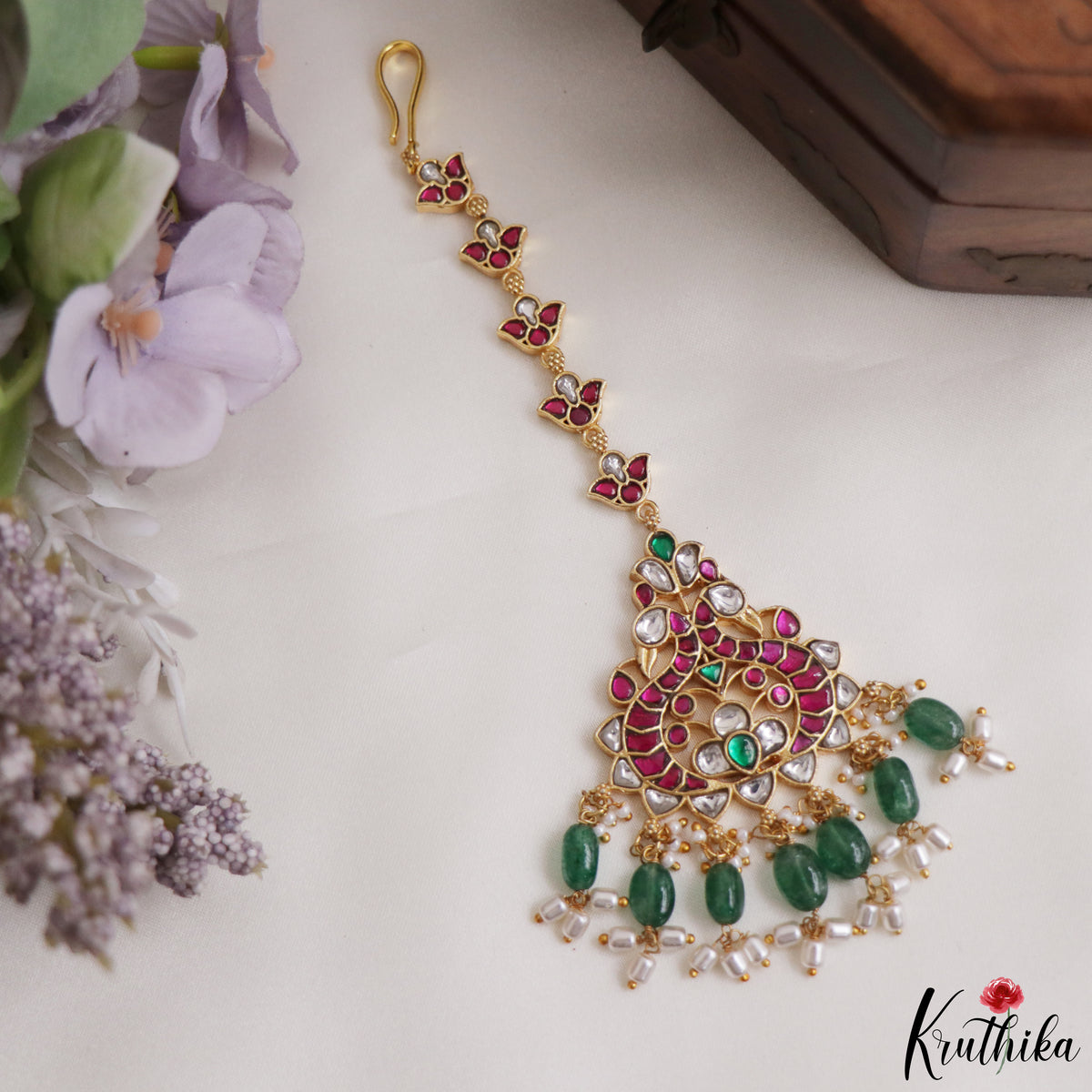 Beautiful Jadau Maang Tika With Green Bead Drops MT421