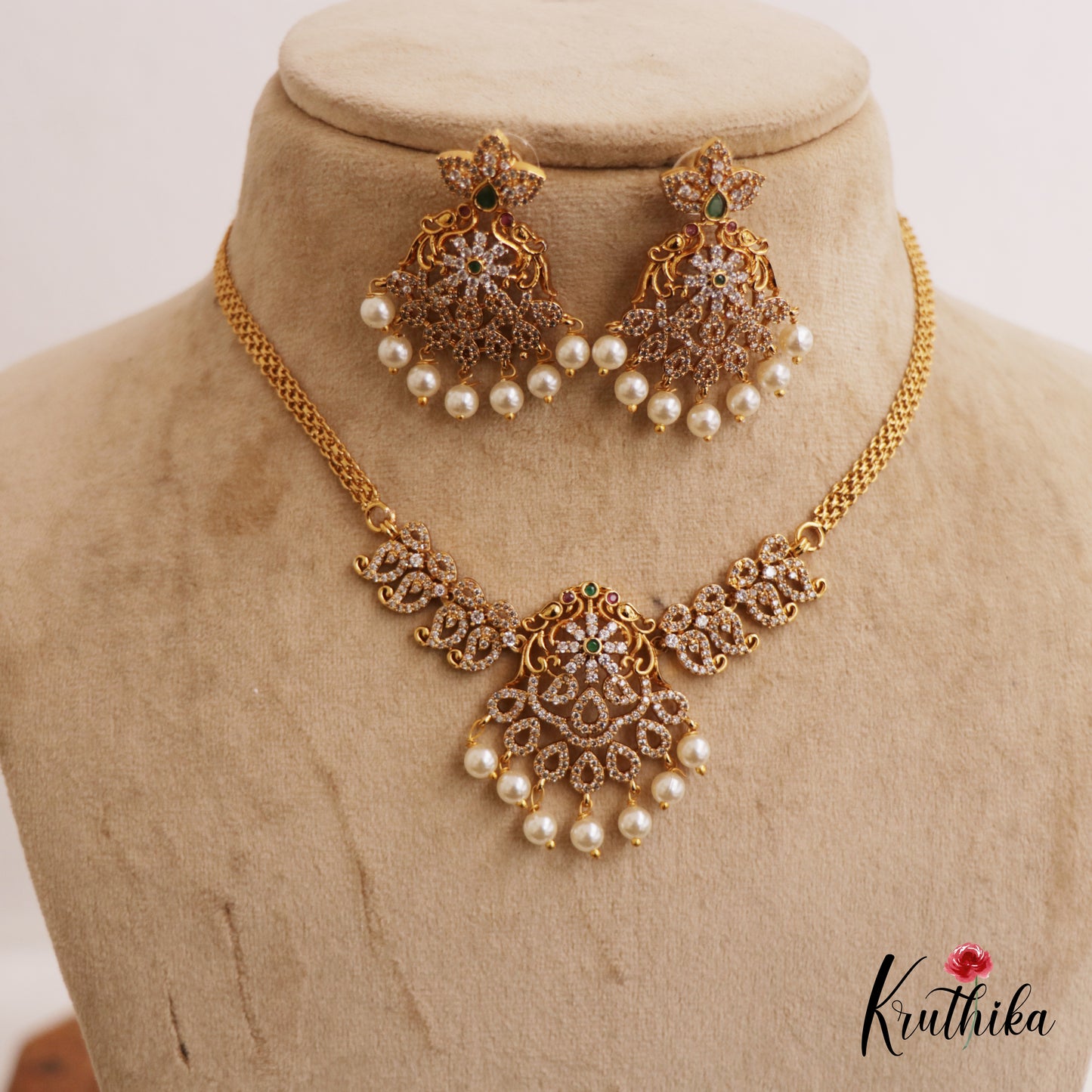 Pretty AD Mango Floral Motifs Necklace With Pearl Drops NC2733