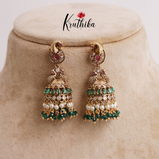 Simple Kemp Peacock Jhumka with Beads Drops E633 (Available in 3 Colors)
