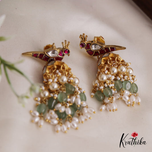 Premium Peacock Motifs Jhumka Jadau Earrings With Pearl And Bead Drops E845