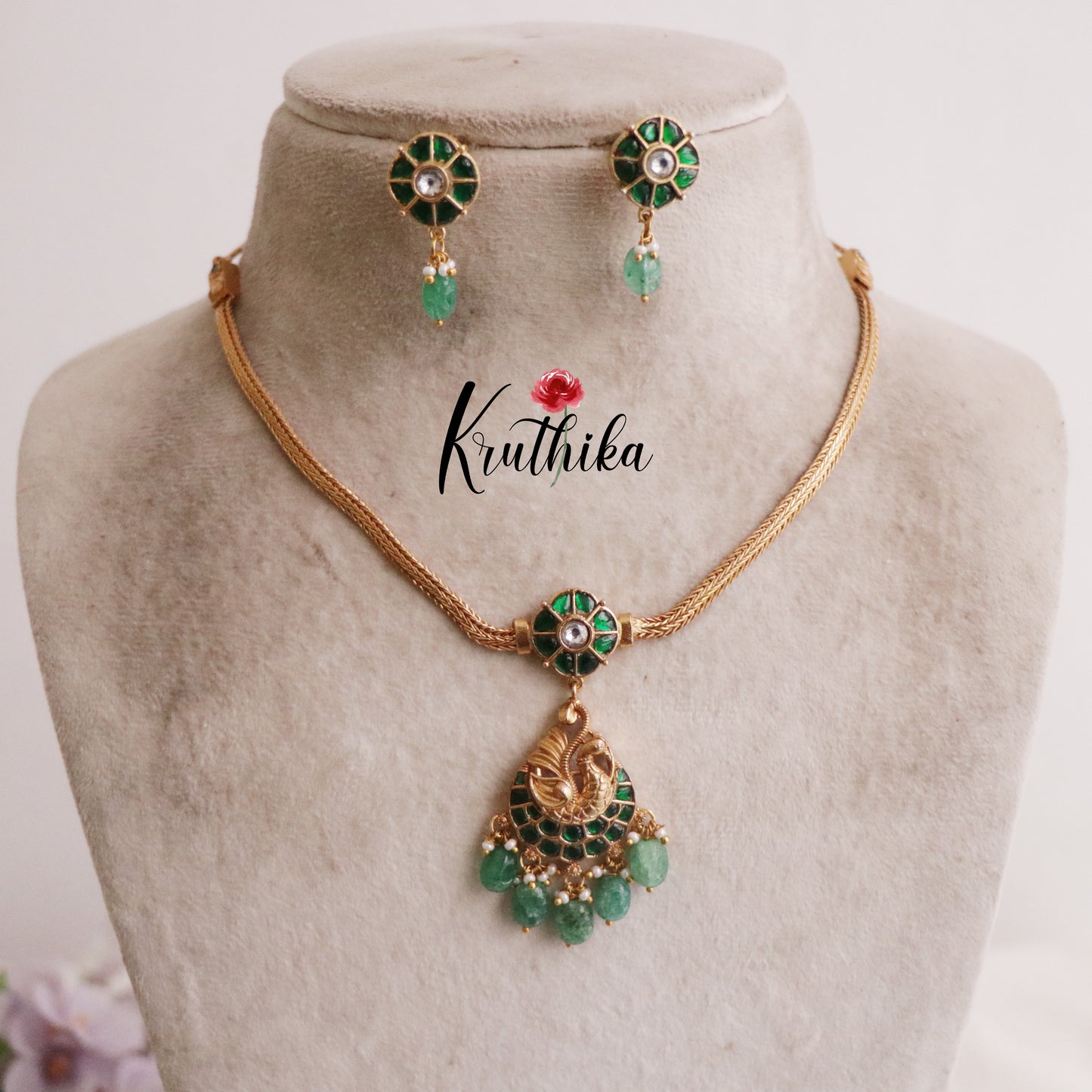 Simple Peacock Jadau Necklace with Green Beads Drops NC2210