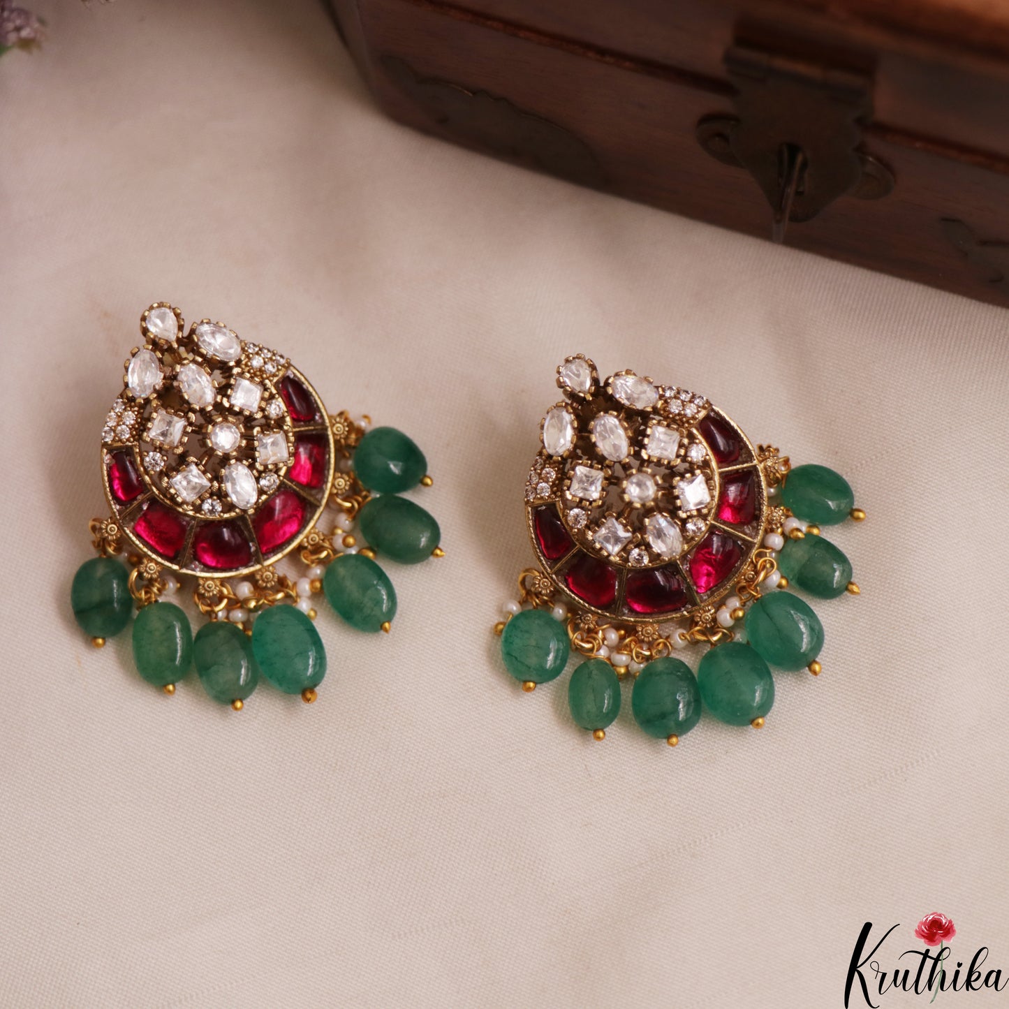 Pretty Floral Motifs Chandbali Jadau Stud Earrings With Green Bead Drops E1140