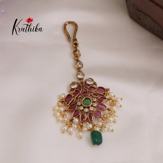Simple Kemp Peacock Maang Tikka with Pearls Drops MT283