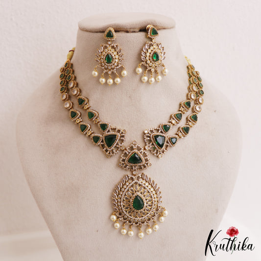 Stunning Geometric Motifs AD Victorian Necklace With Pearl Drops NC2772 (Available In 2 Colors)