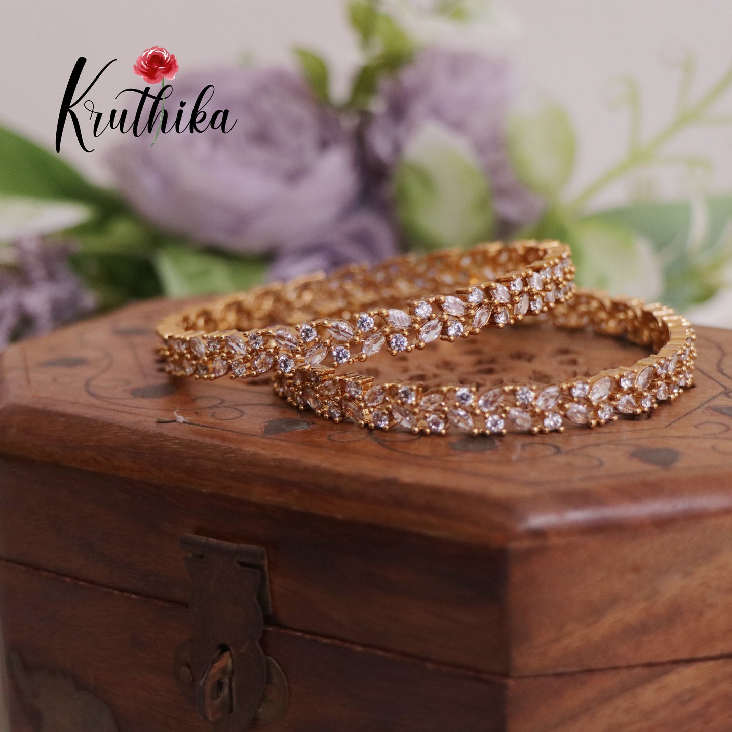 Trendy CZ Sparkling Floral Bangles B282 (Set of 2 Bangles)