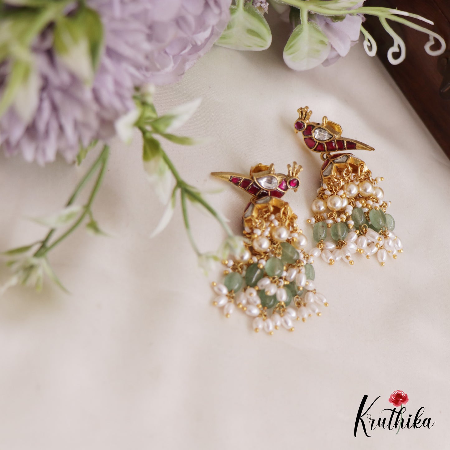 Premium Peacock Motifs Jhumka Jadau Earrings With Pearl And Bead Drops E845