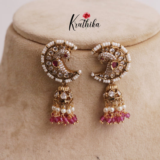 Grand Chandra Mayuri Jhumkas with Beads Drops E636 (Available in 2 Colors)