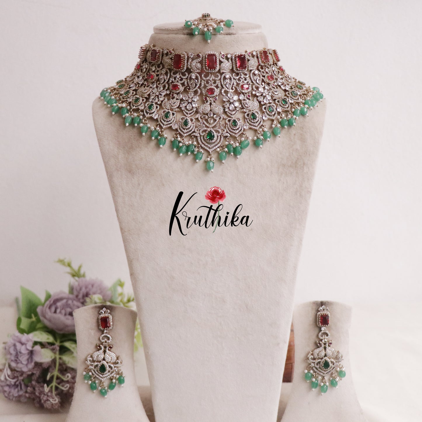 Grand Bridal AD/Victorian Peacock Multi Stone Necklace with Pair of Earrings & Maang Tikka NC2213