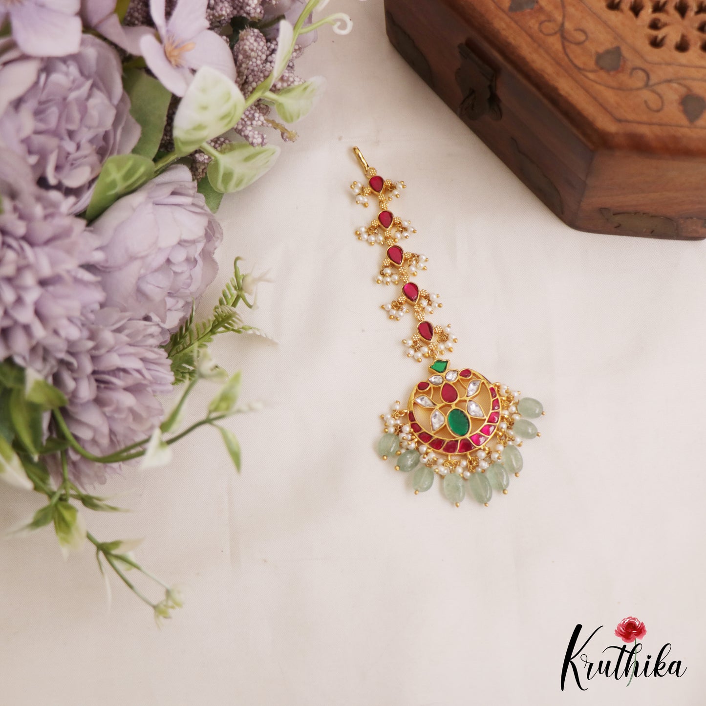 Classic Teardrop Motifs Kemp Maang Tikka With Green Bead Drops MT373 (Available In 2 Colors)