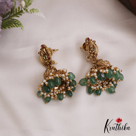 Gorgeous Antique Peacock Motifs Jhumka With Bead Drops E1004 (Available In 2 Colors)