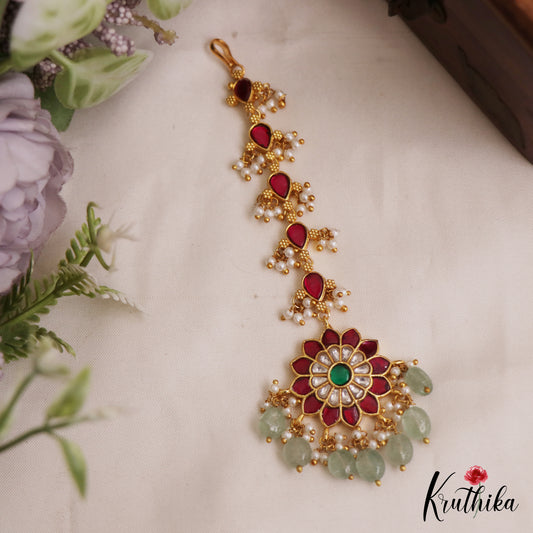 Beautiful Floral Motifs Kemp Maang Tikka With Green Bead Drops MT374