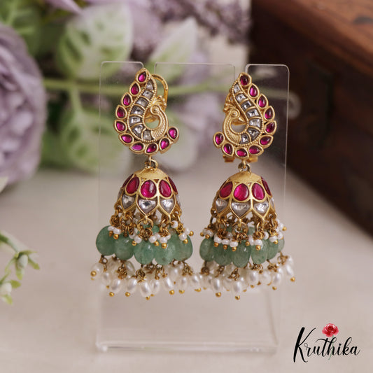 Gorgeous Peacock Motifs Jhumka Jadau Earrings With Pearl And Bead Drops E851
