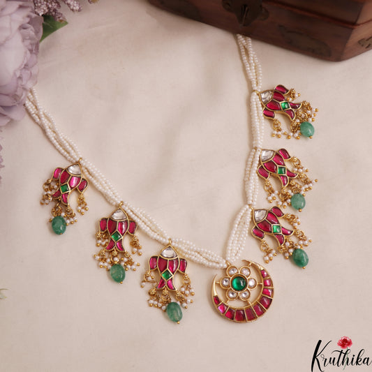 Classic Fish Motifs Pearl Strand Jadau Necklace With Green Bead Drops NC3014