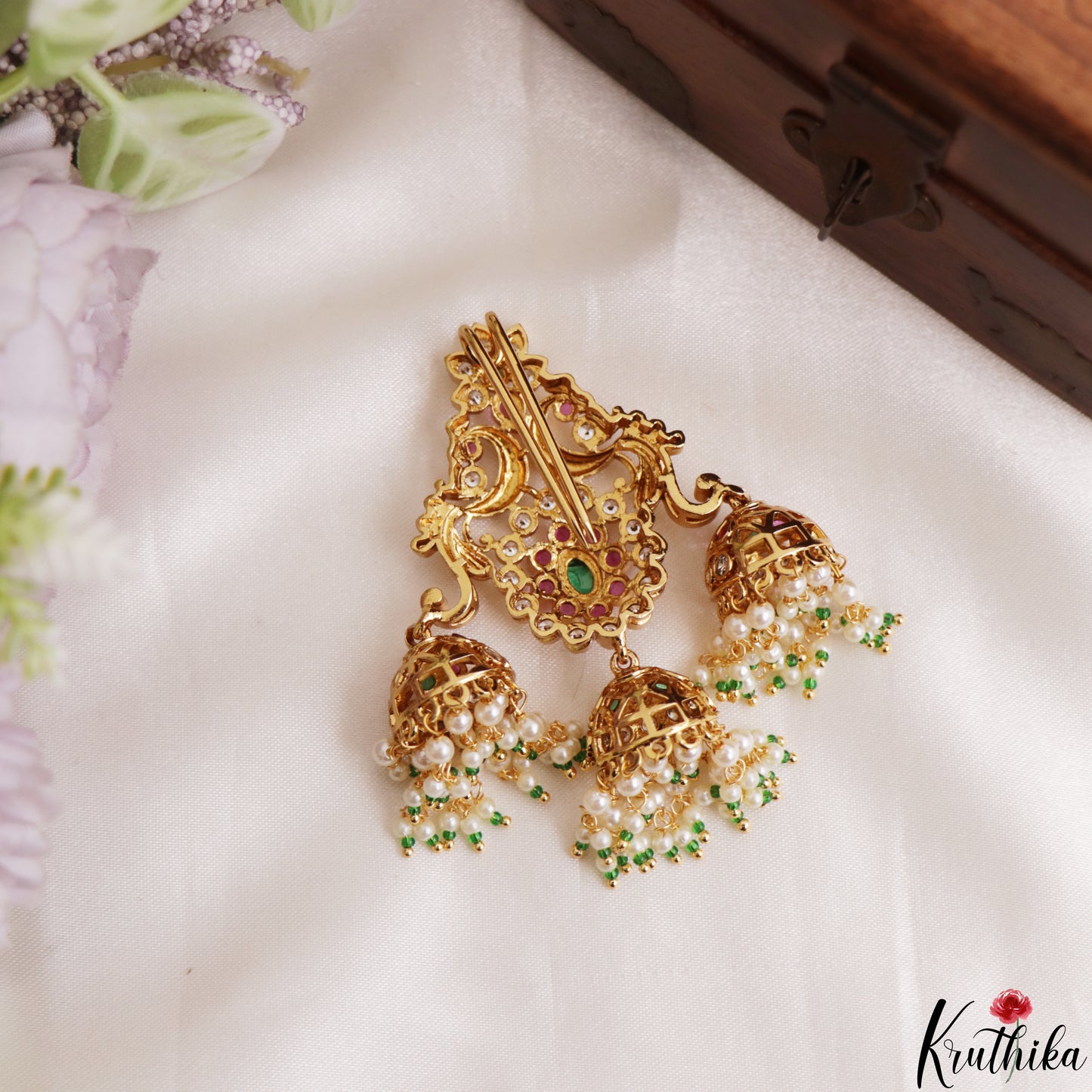 Classic Floral Peacock Motis Jhumka Jada Billa With Pearl Bead Drops J430 (Available In 2 Colors)