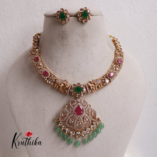 Stunning Teardrop Elephant With Pastel Green Beads Jadau hasli Necklace NC2542