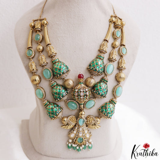 Stunning CZ Victorian Statement Haaram With Green Bead Drops LH2218 (Available In 3 Colors)