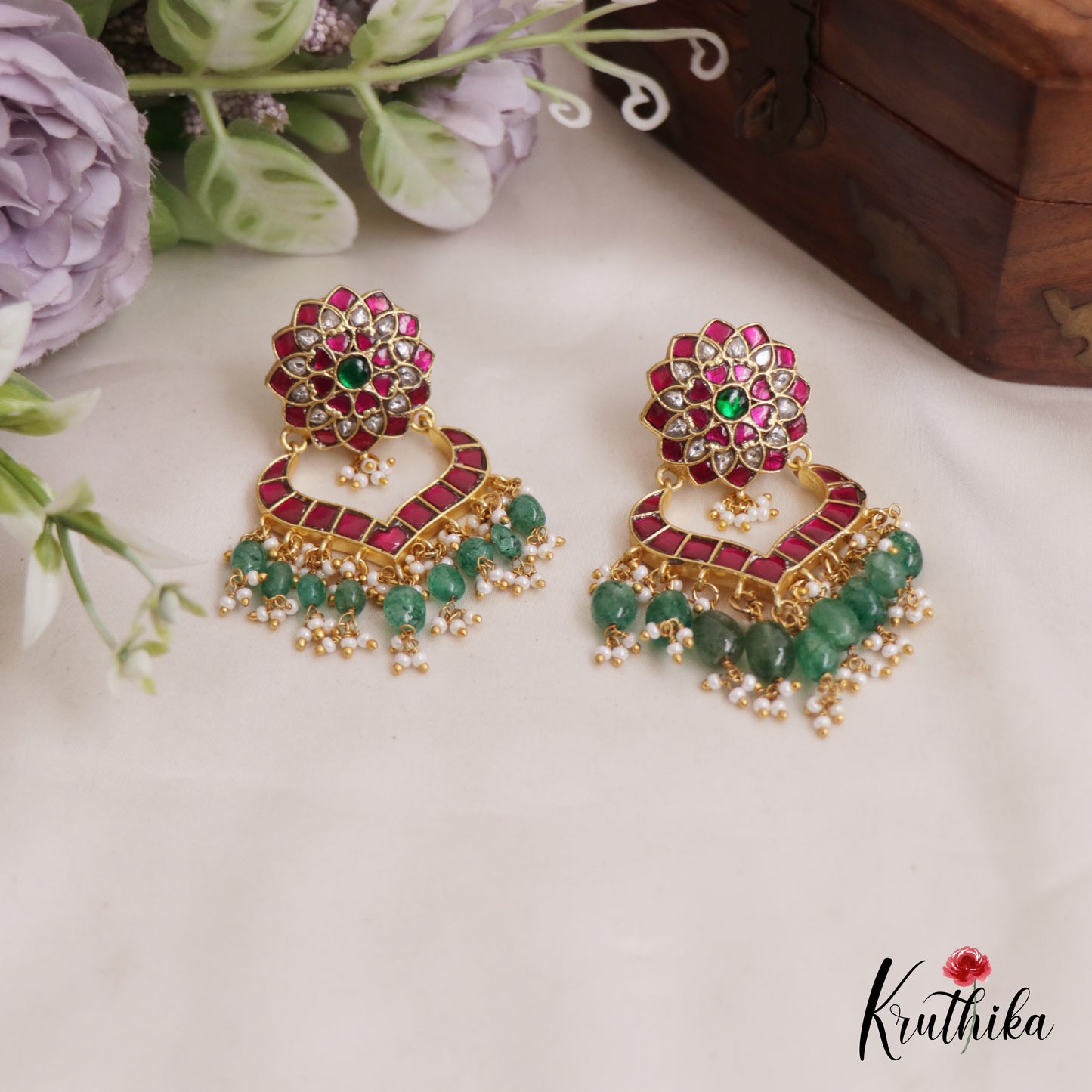 Beautiful Floral Chandbali Jadau Earrings With Pearl And Bead Drops E838