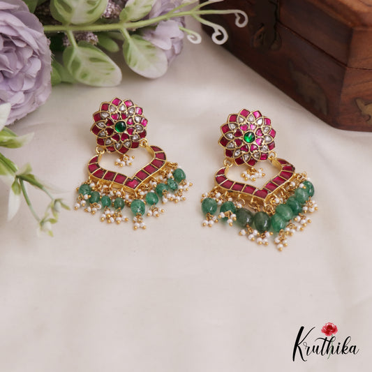 Beautiful Floral Chandbali Jadau Earrings With Pearl And Bead Drops E838