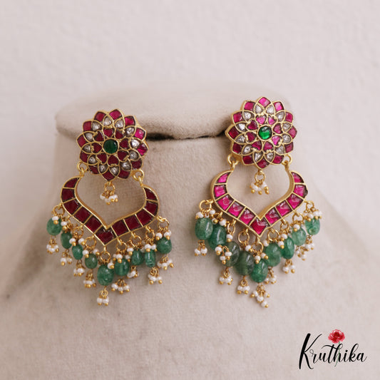 Beautiful Floral Chandbali Jadau Earrings With Pearl And Bead Drops E838