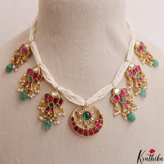 Classic Fish Motifs Pearl Strand Jadau Necklace With Green Bead Drops NC3014