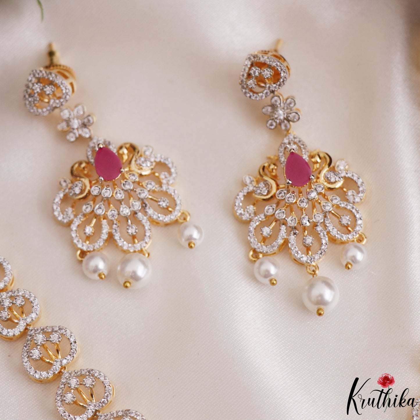 Elegant Floral Motifs CZ Victorian Necklace With Pearl Drops NC3264 (Available In 2 Colors)