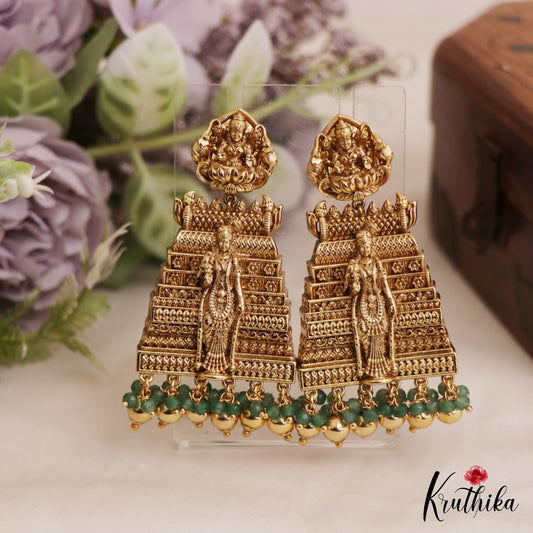 Gorgeous Goddess Meenakshi Gopuram Jhumkas With Bead Drops E1057 (Available in 2 Colors)