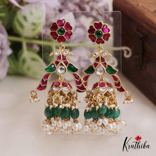 Stunning Floral Peacock Jhumka Jadau Earrings With Pearl And Bead Drops E837