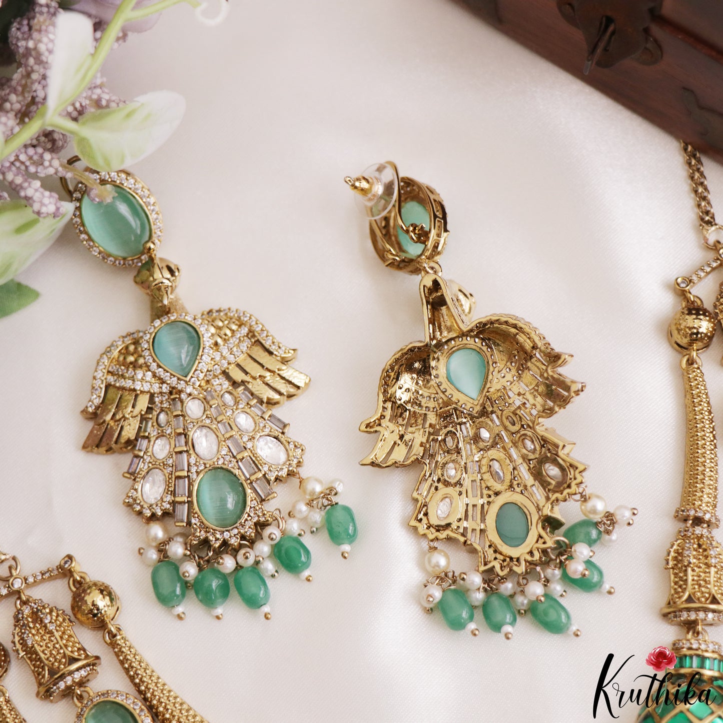 Stunning CZ Victorian Statement Haaram With Green Bead Drops LH2218 (Available In 3 Colors)