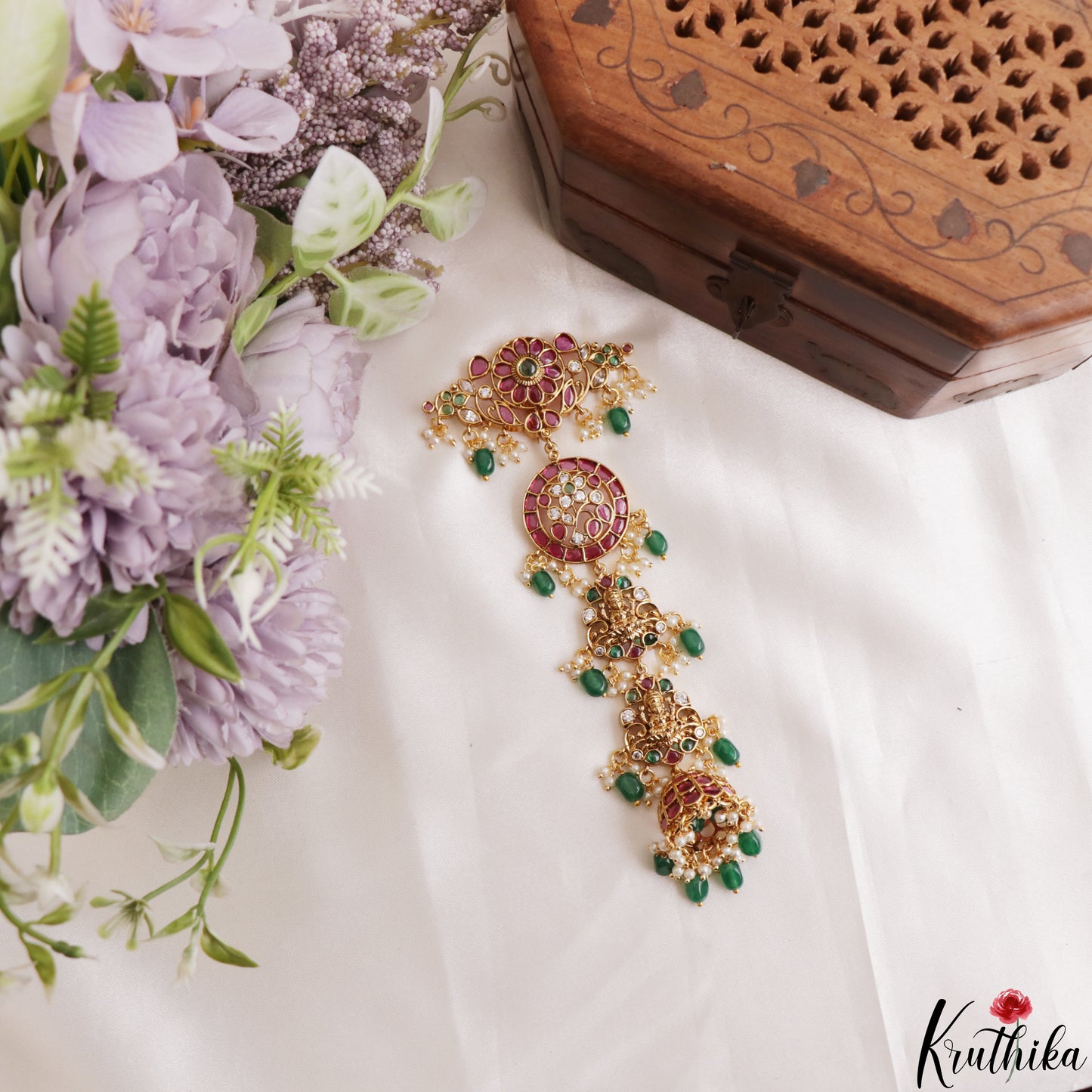 Classic Lakshmi Floral Motifs Kemp Jhumka Jada Billa With Green Bead Drops J433