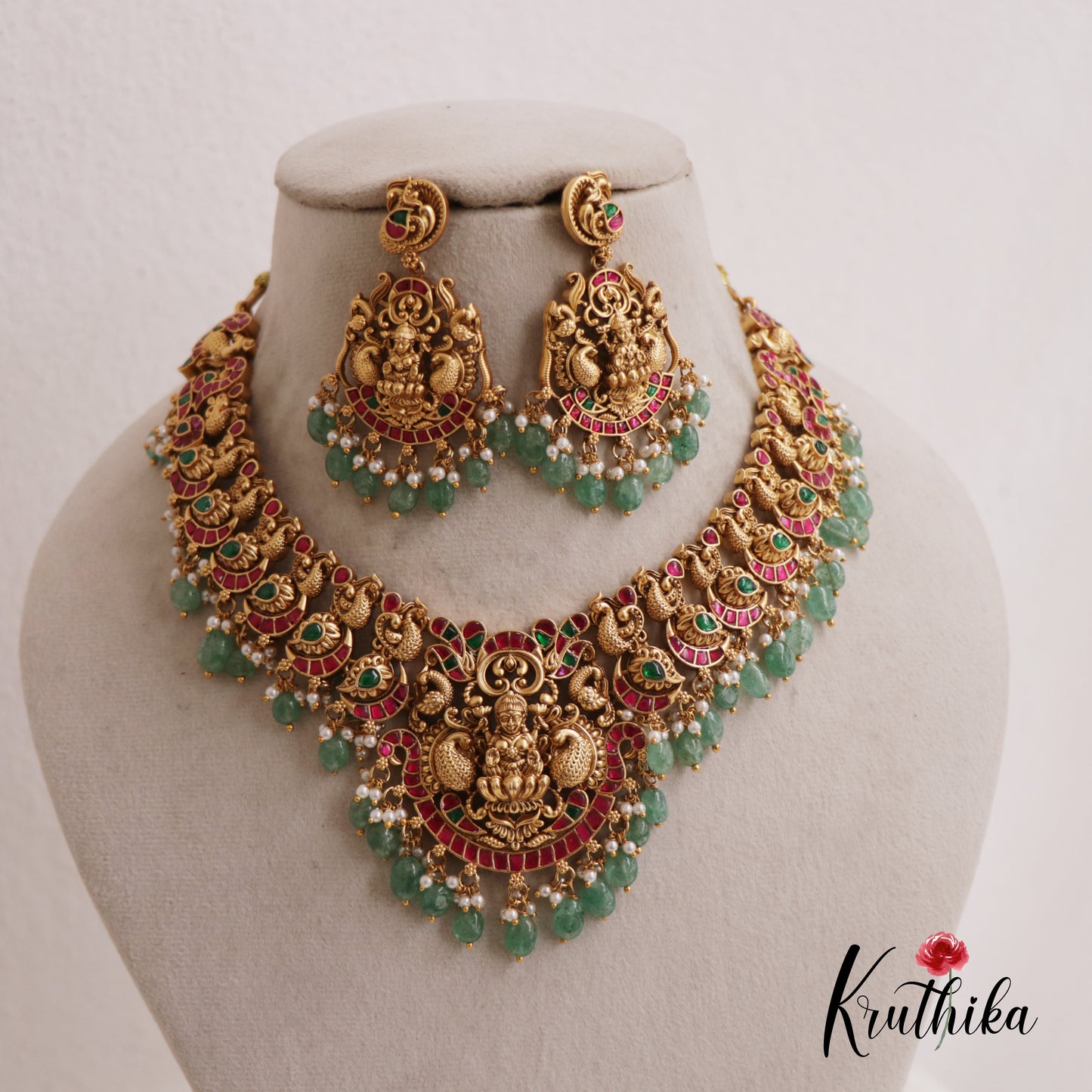 Premium Antique Lakshmi Nagas Jadau Necklace With Pastel Green Beads NC2555 (Available In 2 Colors)