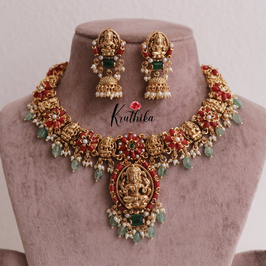 Elegant Temple Lakshmi Necklace with Pastel Green Beads Nc1985