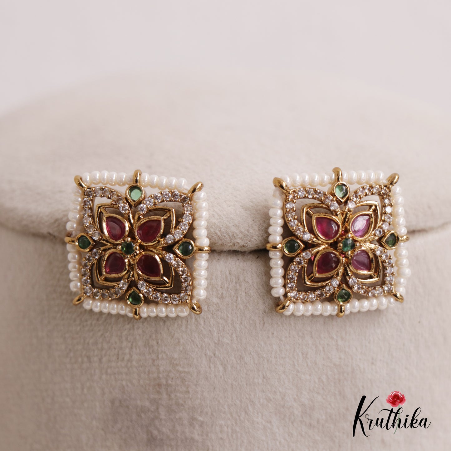 Elegant AD Stone Floral Square Pearl Earrings E794