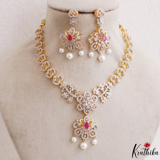 Elegant Floral Motifs CZ Victorian Necklace With Pearl Drops NC3264 (Available In 2 Colors)