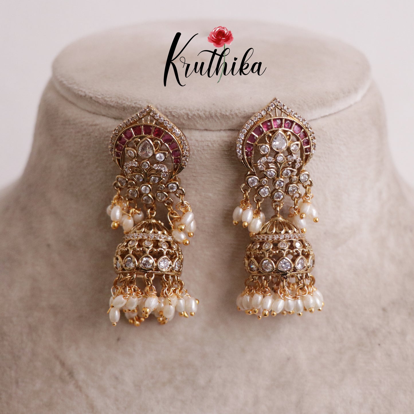 Beautiful Antique Kemp Ruby Jhumkas with Pearl Drops E644