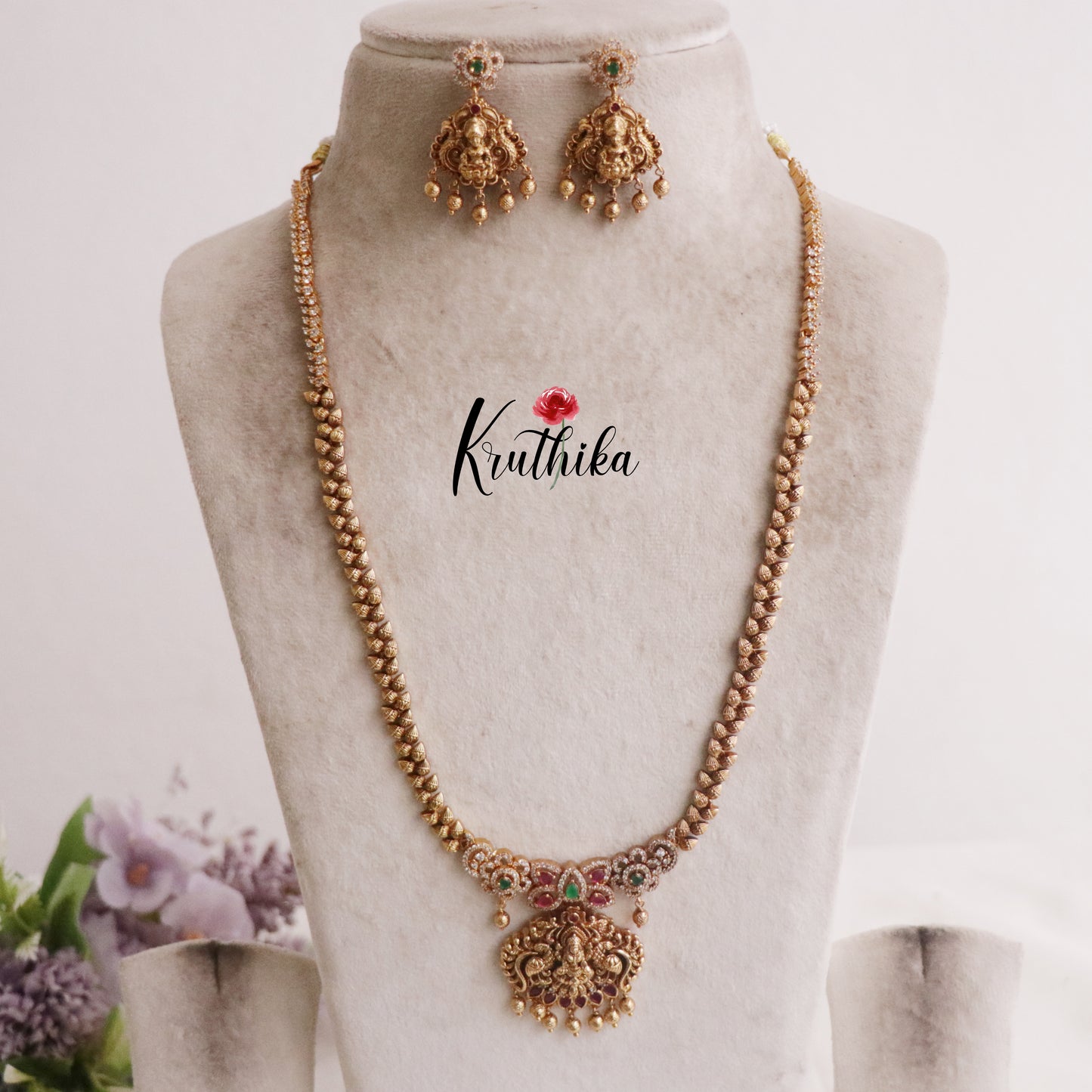 Pretty Lakshmi Peacock AD Long Necklace with Golden Beads Drops NC2207