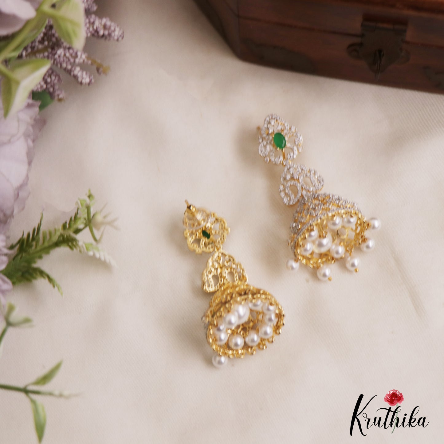 Classic Mango Motifs AD Jhumkas With Pearl Drops E1096 (Available In 3 Colors)