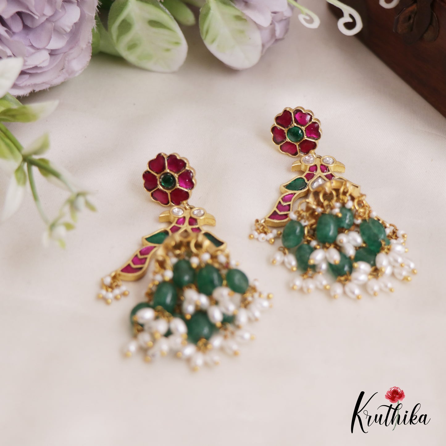 Stunning Floral Peacock Jhumka Jadau Earrings With Pearl And Bead Drops E837