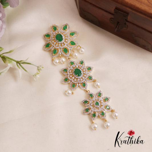 Classic CZ Flower Sparkling Jada Billa With Pearl Drops J268