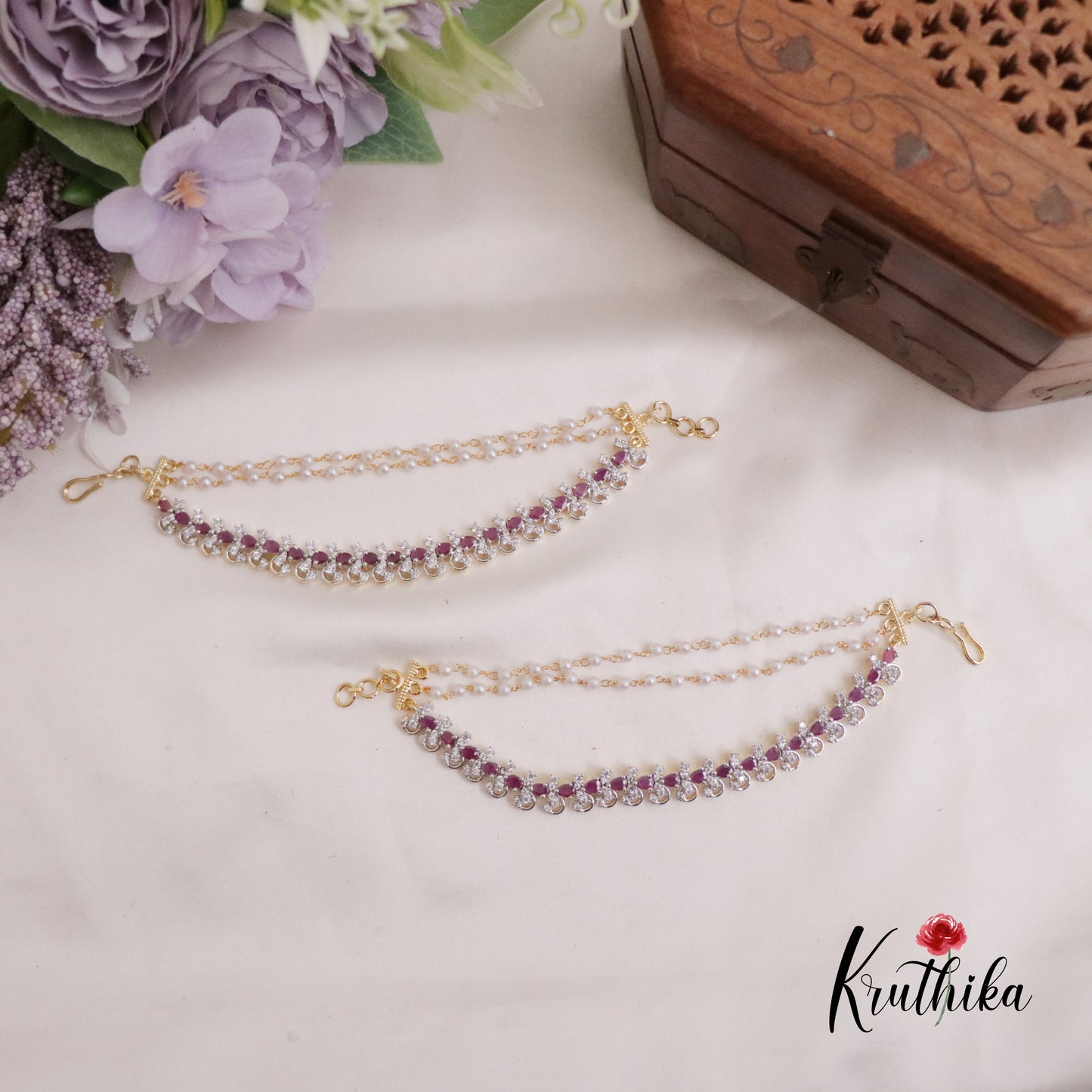 Pretty CZ Sparkling Floral Three Layer Earchains EC116 (Available in 2 Colors)