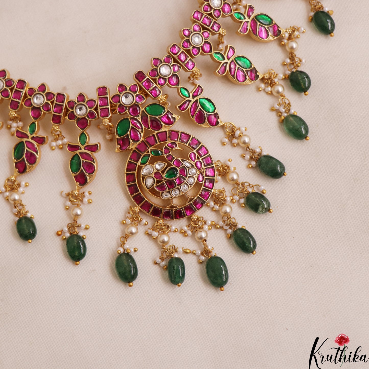 Stunning Floral Peacock Motifs Jadau Necklace With Green Bead Drops NC3016