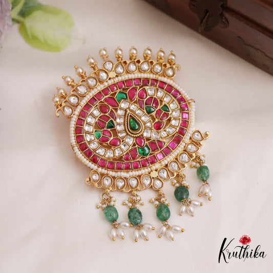 Stunning Mango Motifs Jadau Pendant With Pearl And Bead Drops PS259