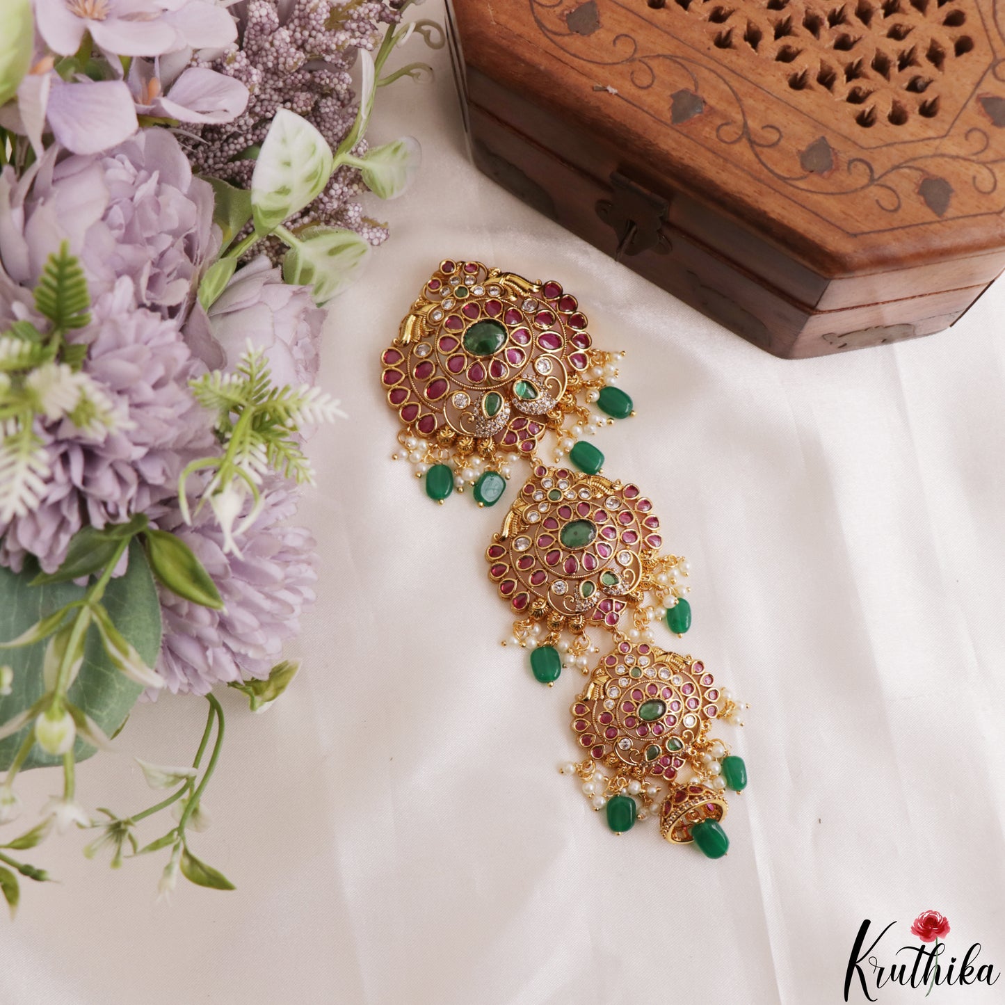 Premium Floral Motifs Kemp Jhumka Jada Billa With Green Bead Drops J434