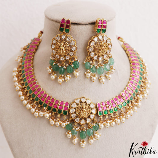 Grand Lakshmi Motifs Polki Jadau Choker With Pear Bead Drops NC3220
