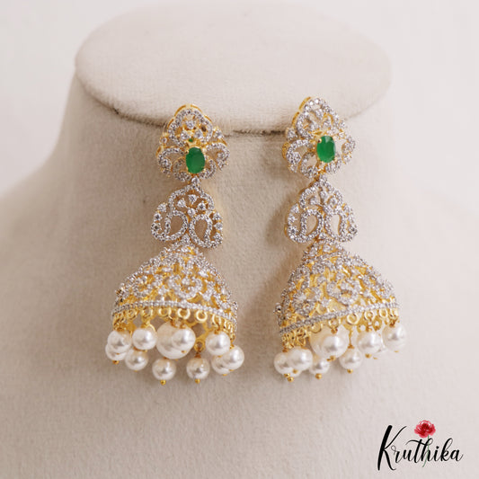 Classic Mango Motifs AD Jhumkas With Pearl Drops E1096 (Available In 3 Colors)