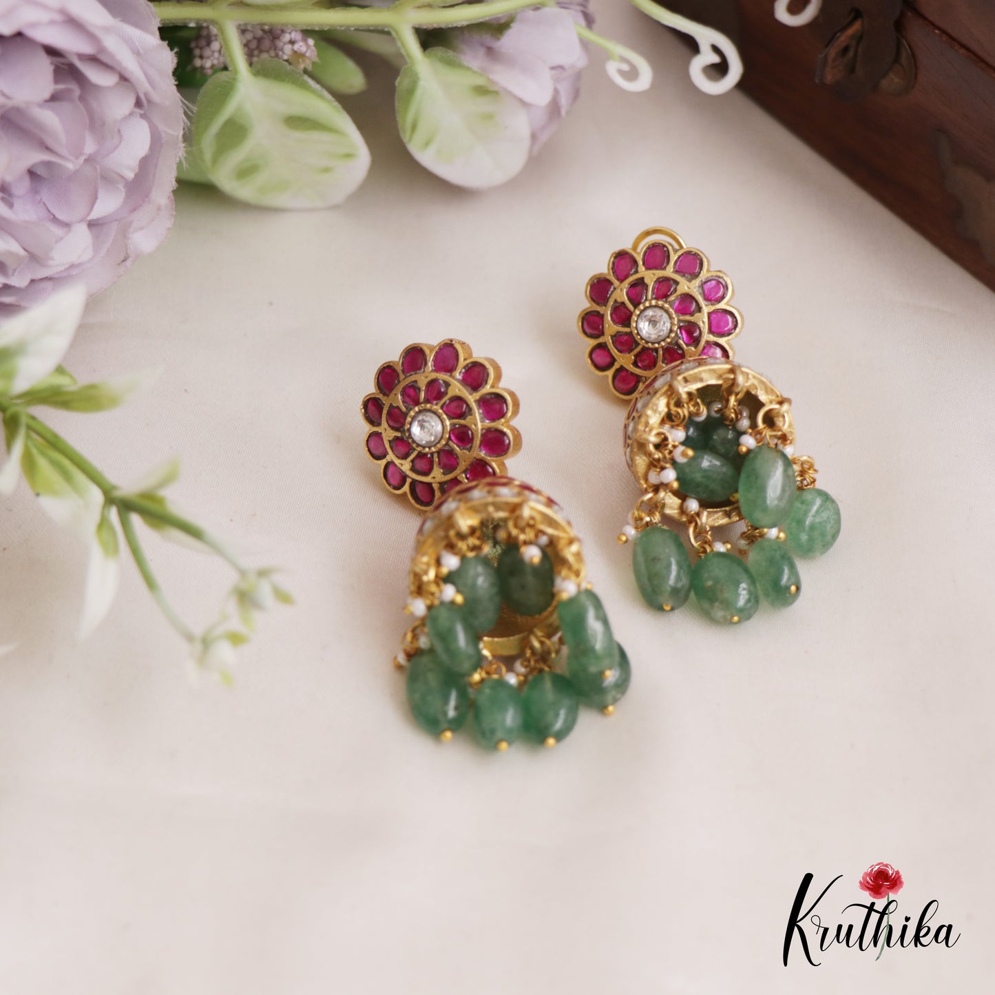 Premium Floral Motifs Jhumka Jadau Earrings With Pearl And Bead Drops E850